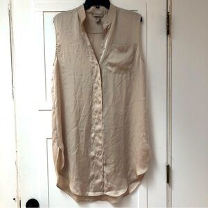H&M sleeveless shirt dress silky texture front pocket button down taupe oyster S